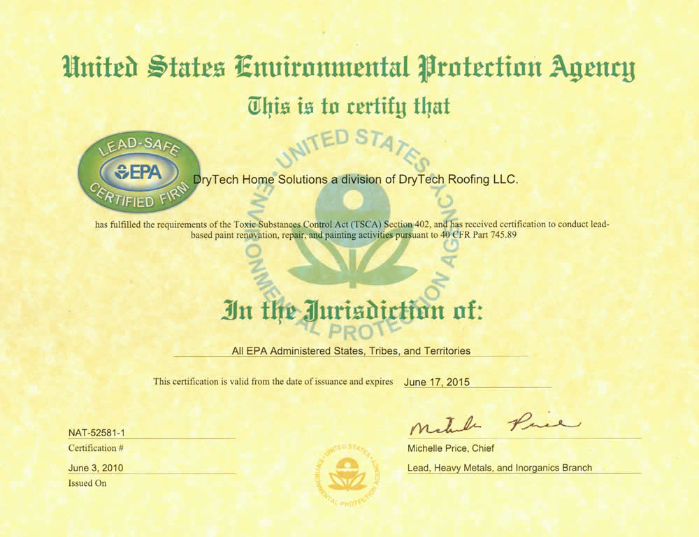DryTech-Lead-Certification DryTech License, Maryland - Roofing Certification