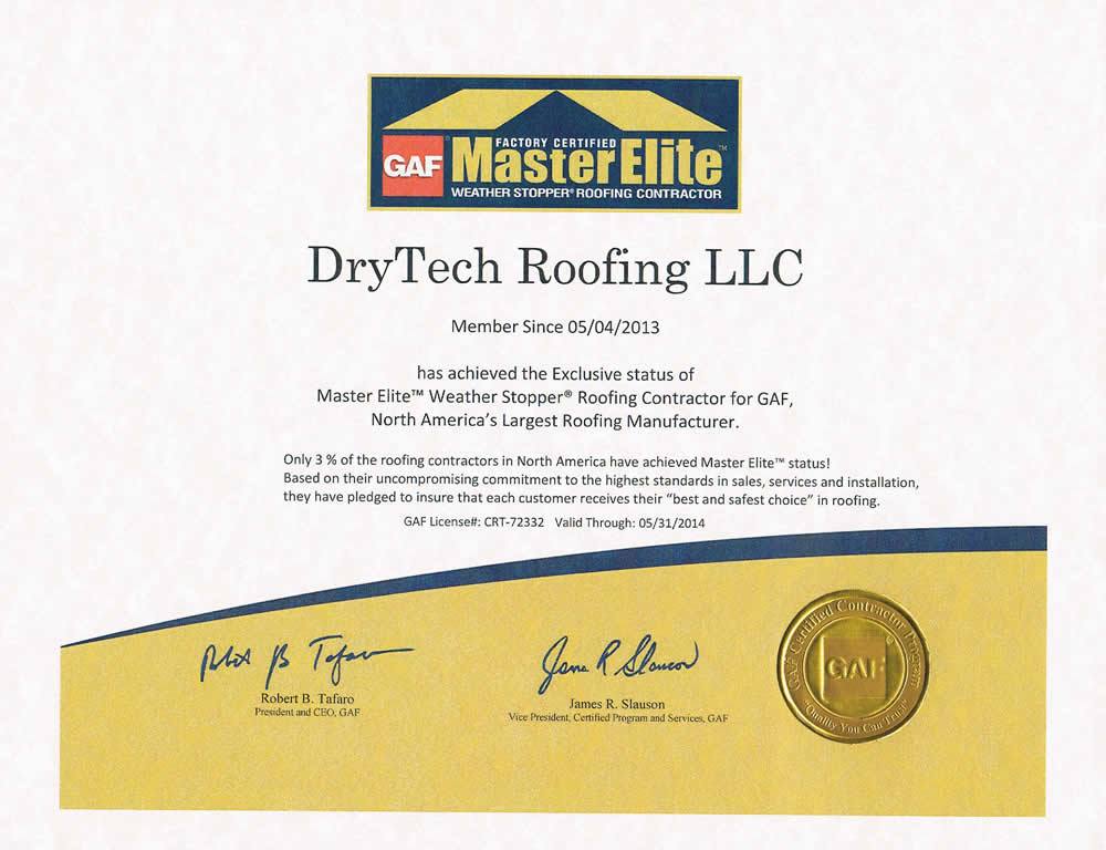 GAF-MasterElite-Certificate-5-2014 DryTech License, Maryland  - Roofing Certification