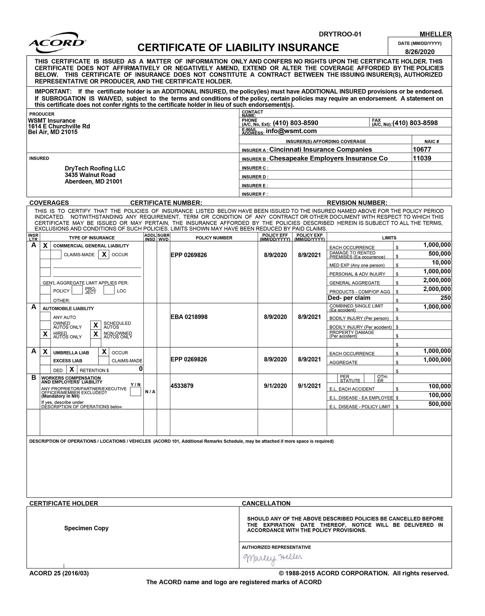 Drytech-COI-2020-2021 Certificate of Liability Insurance